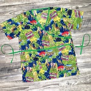 T.D. Scrubs Blue/Green Jungle Survival Scrub Top M